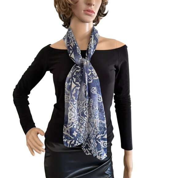 Boho Sheer Indigo Blue Floral Print Scarf Geometric for Women - 53in x 11.5in - Picture 1 of 6